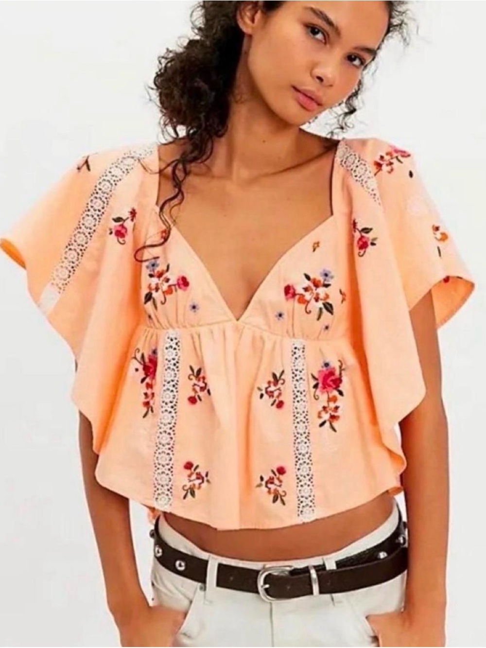Free People Peach Embroidered Open-Back Flutter Sleeve Top